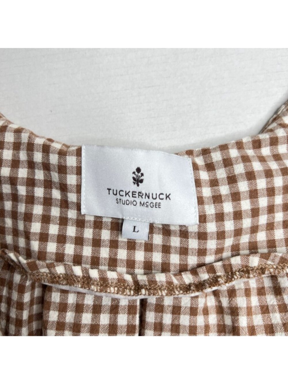 Tuckernuck Studio McGee Gingham Mini Finn Dress Cotton Brown Plaid Shift Large - Picture 9 of 16